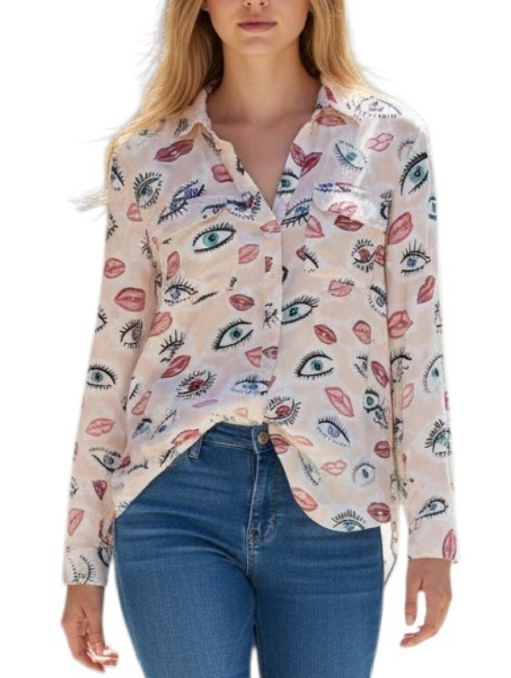 Milk & Honey Lip & Eye Print Button Down Blouse